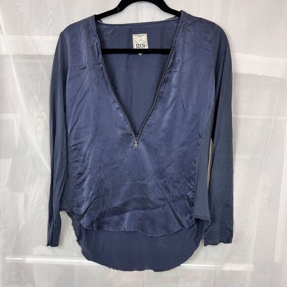 Go by Go SIlk Iconic go zippy redux zip front blouse sz XS washable silk blue - Picture 1 of 11